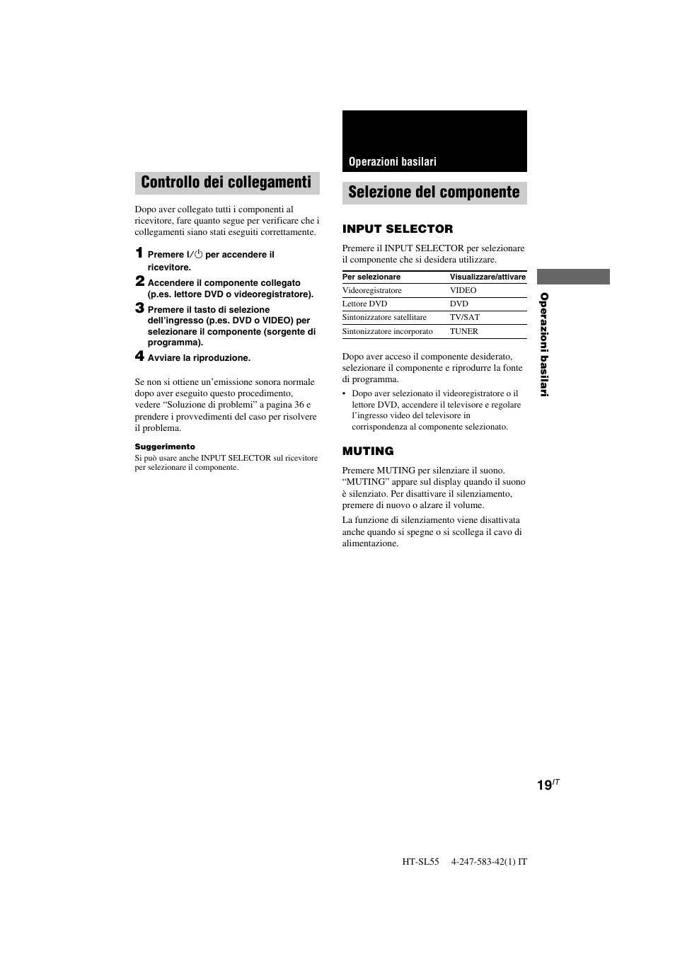 Selezione del componente, Controllo dei collegamenti | Sony HT-SL40 User Manual | Page 148 / 216