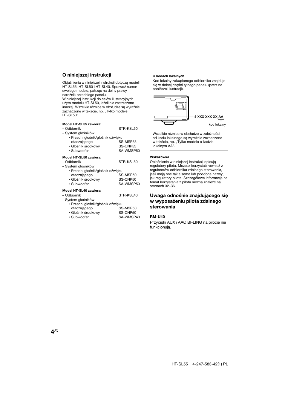 O niniejszej instrukcji | Sony HT-SL40 User Manual | Page 176 / 216