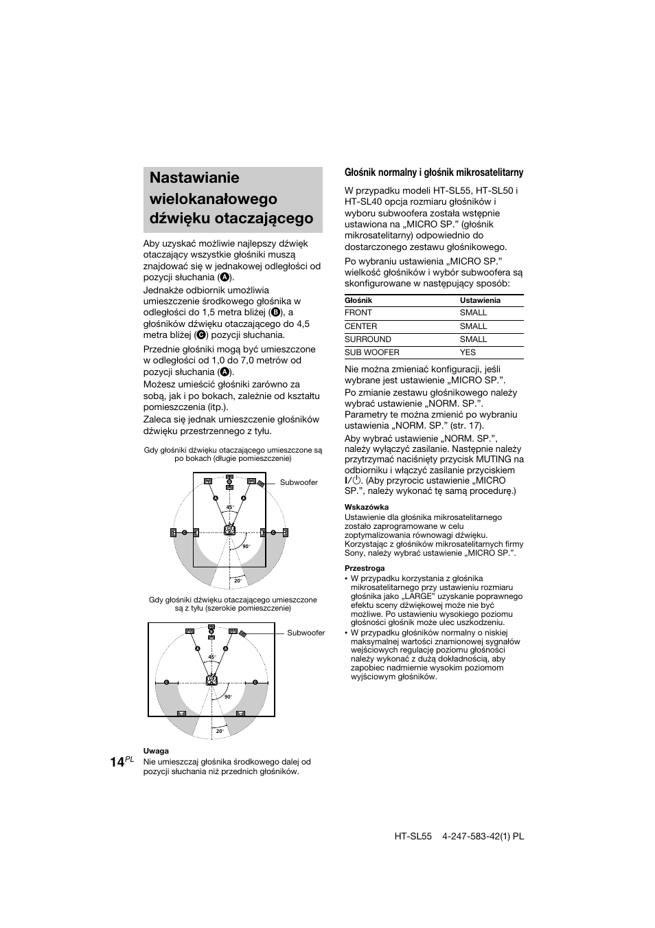 Nastawianie wielokanałowego dźwięku otaczającego, Głośnik normalny i głośnik mikrosatelitarny | Sony HT-SL40 User Manual | Page 186 / 216