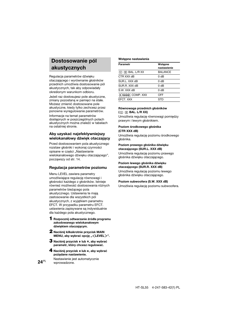 Dostosowanie pól akustycznych | Sony HT-SL40 User Manual | Page 196 / 216