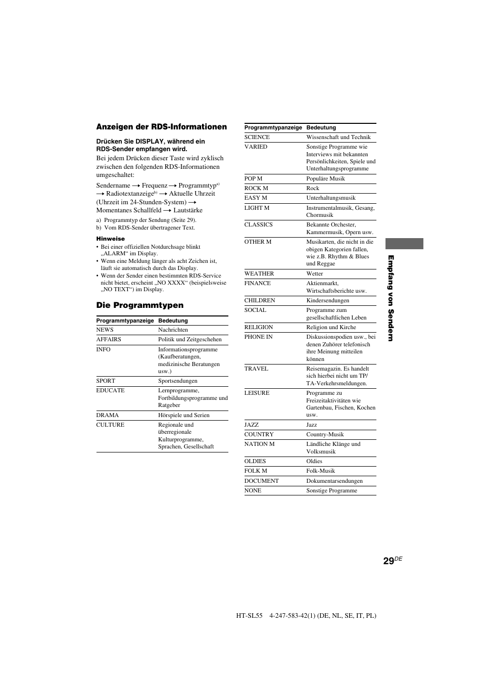 Anzeigen der rds-informationen, Die programmtypen | Sony HT-SL40 User Manual | Page 29 / 216