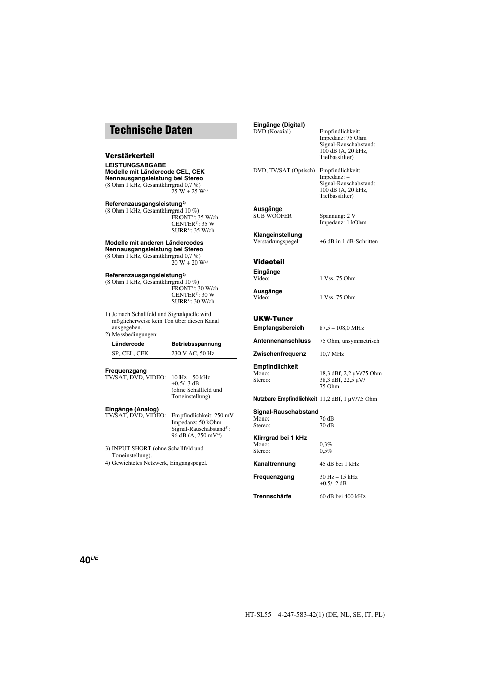 Technische daten | Sony HT-SL40 User Manual | Page 40 / 216