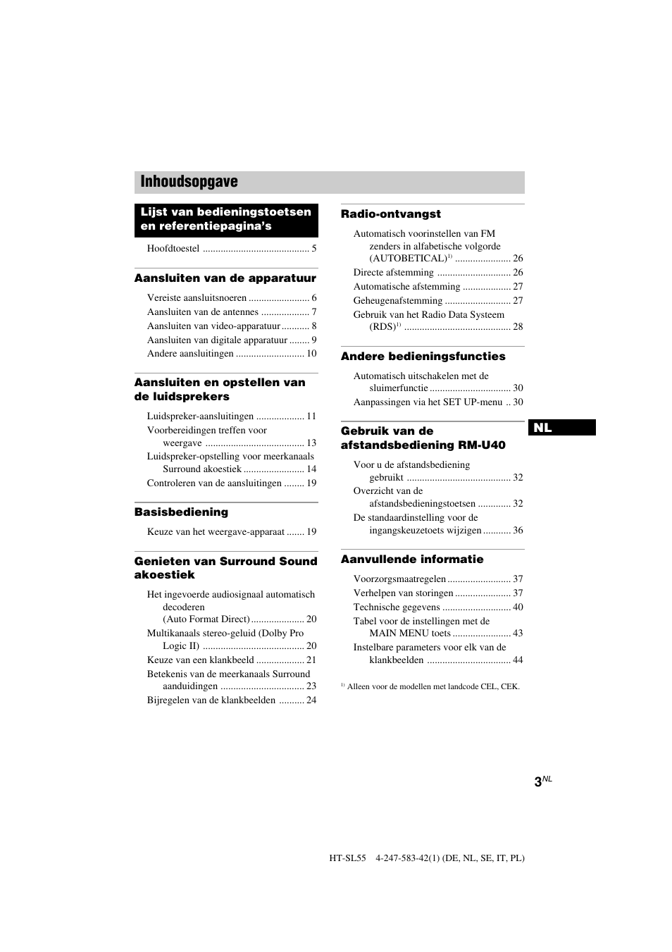 Inhoudsopgave | Sony HT-SL40 User Manual | Page 46 / 216