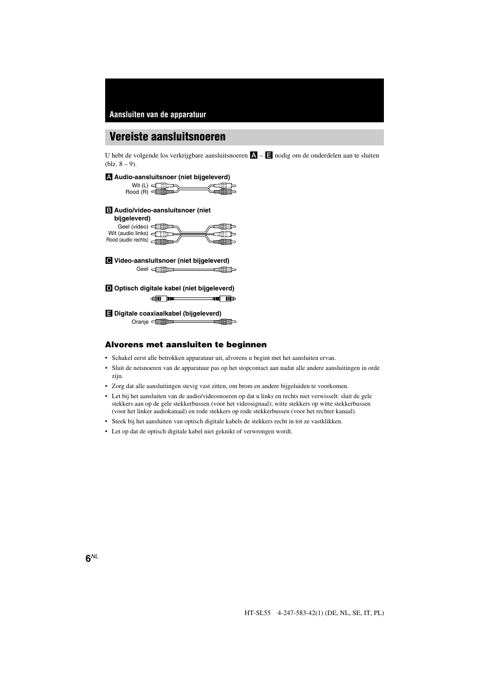 Vereiste aansluitsnoeren | Sony HT-SL40 User Manual | Page 49 / 216