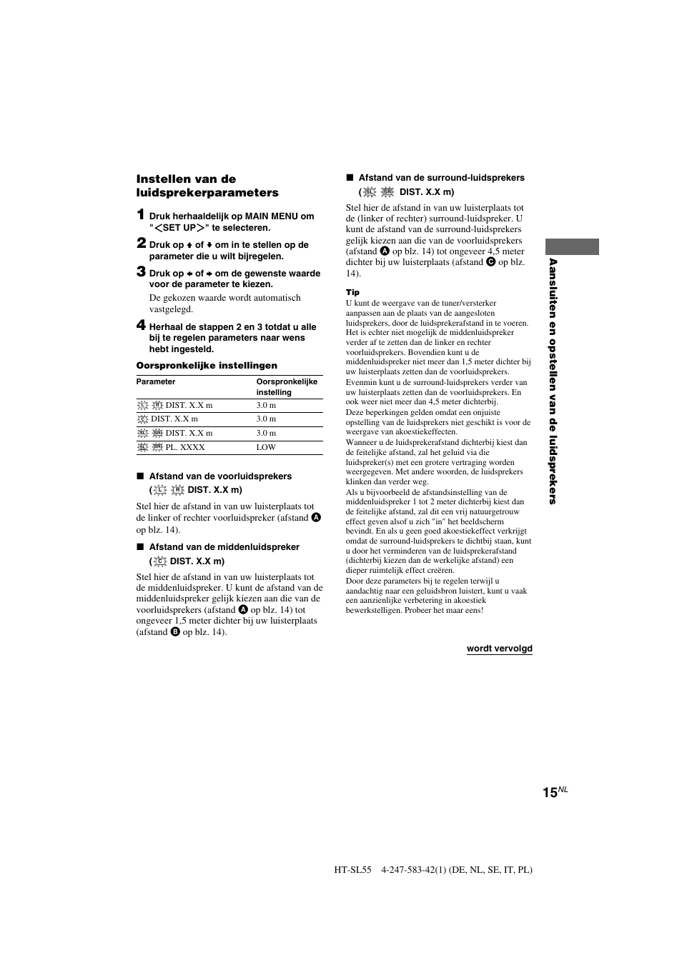 Instellen van de luidsprekerparameters | Sony HT-SL40 User Manual | Page 58 / 216