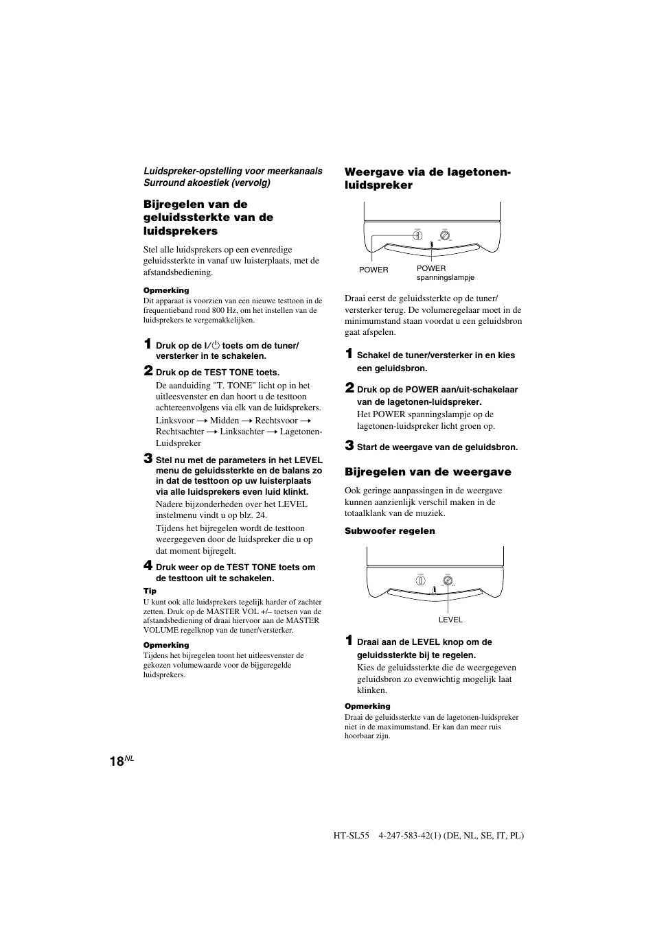 Weergave via de lagetonen- luidspreker, Bijregelen van de weergave | Sony HT-SL40 User Manual | Page 61 / 216