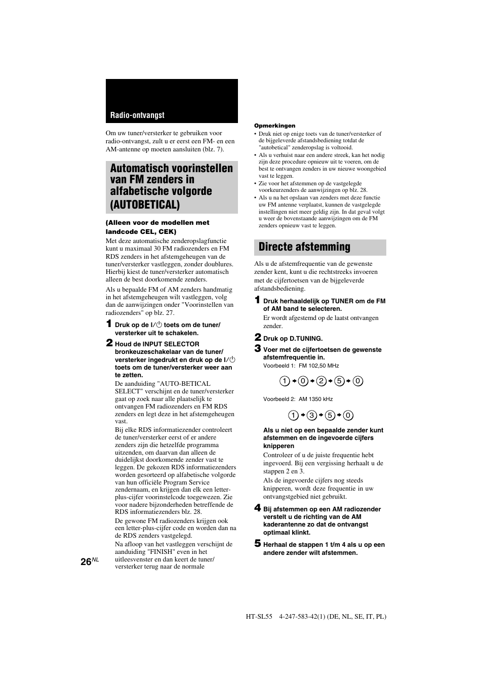 Directe afstemming | Sony HT-SL40 User Manual | Page 69 / 216