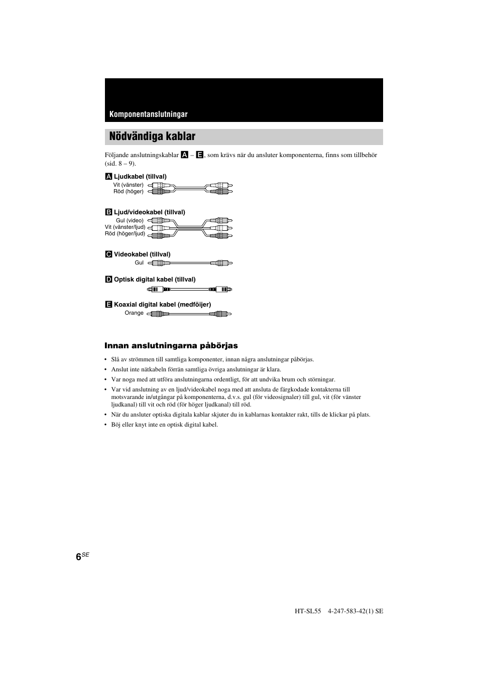 Nödvändiga kablar | Sony HT-SL40 User Manual | Page 92 / 216