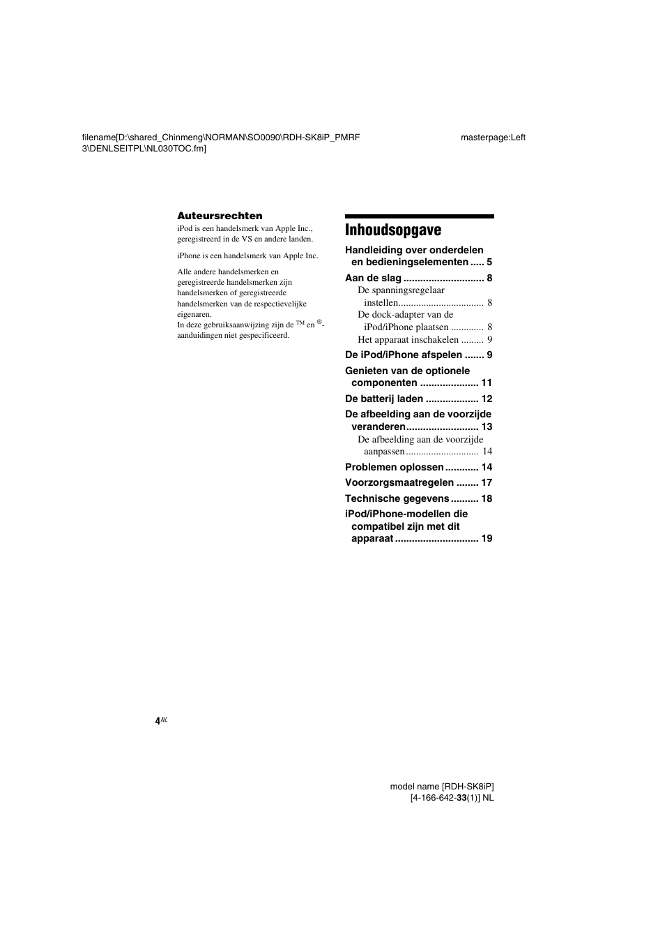 Inhoudsopgave | Sony RDH-SK8iP User Manual | Page 22 / 96