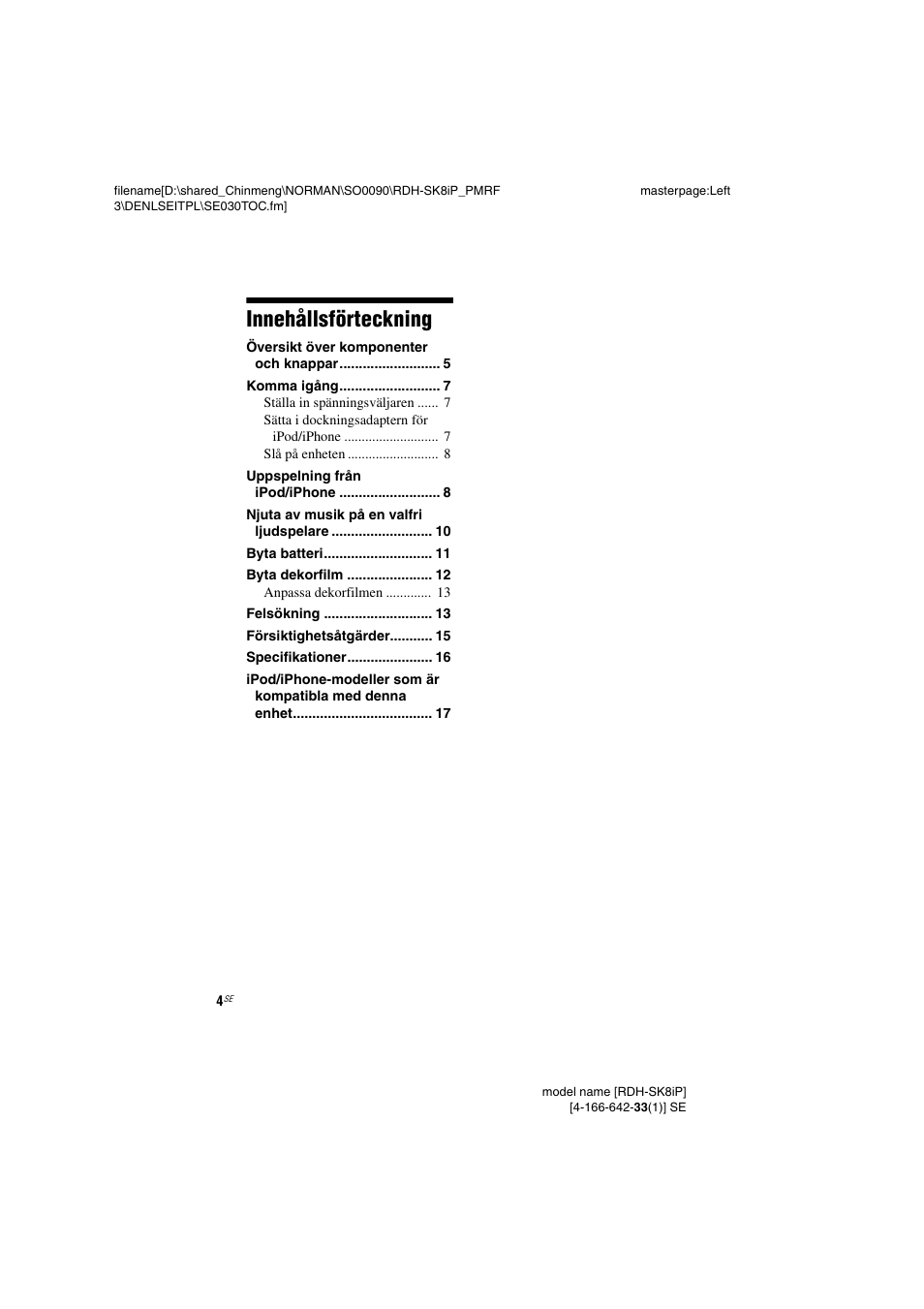 Innehållsförteckning | Sony RDH-SK8iP User Manual | Page 42 / 96