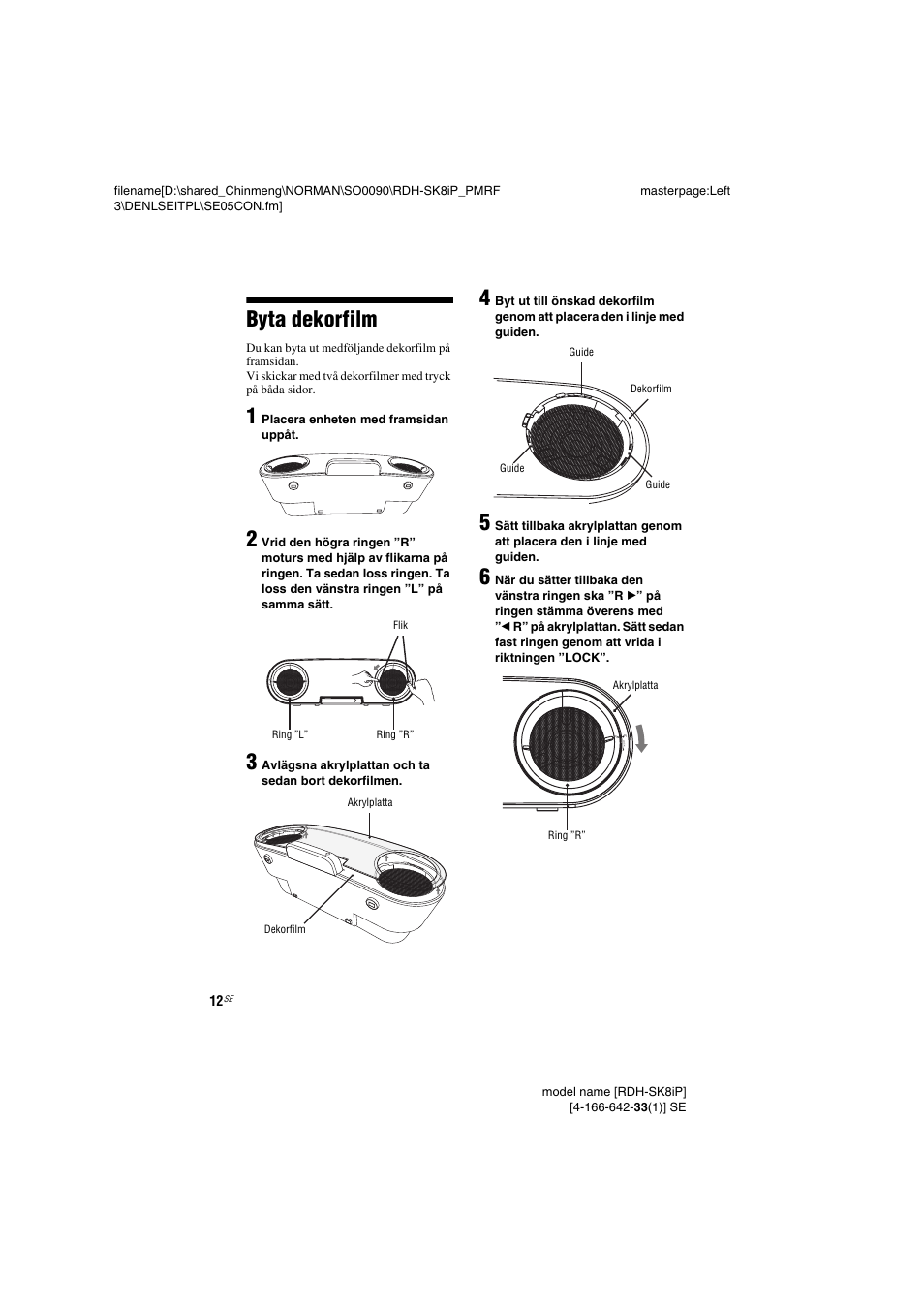Byta dekorfilm, Sid. 12), Korfilm (sid. 12) | Sony RDH-SK8iP User Manual | Page 50 / 96