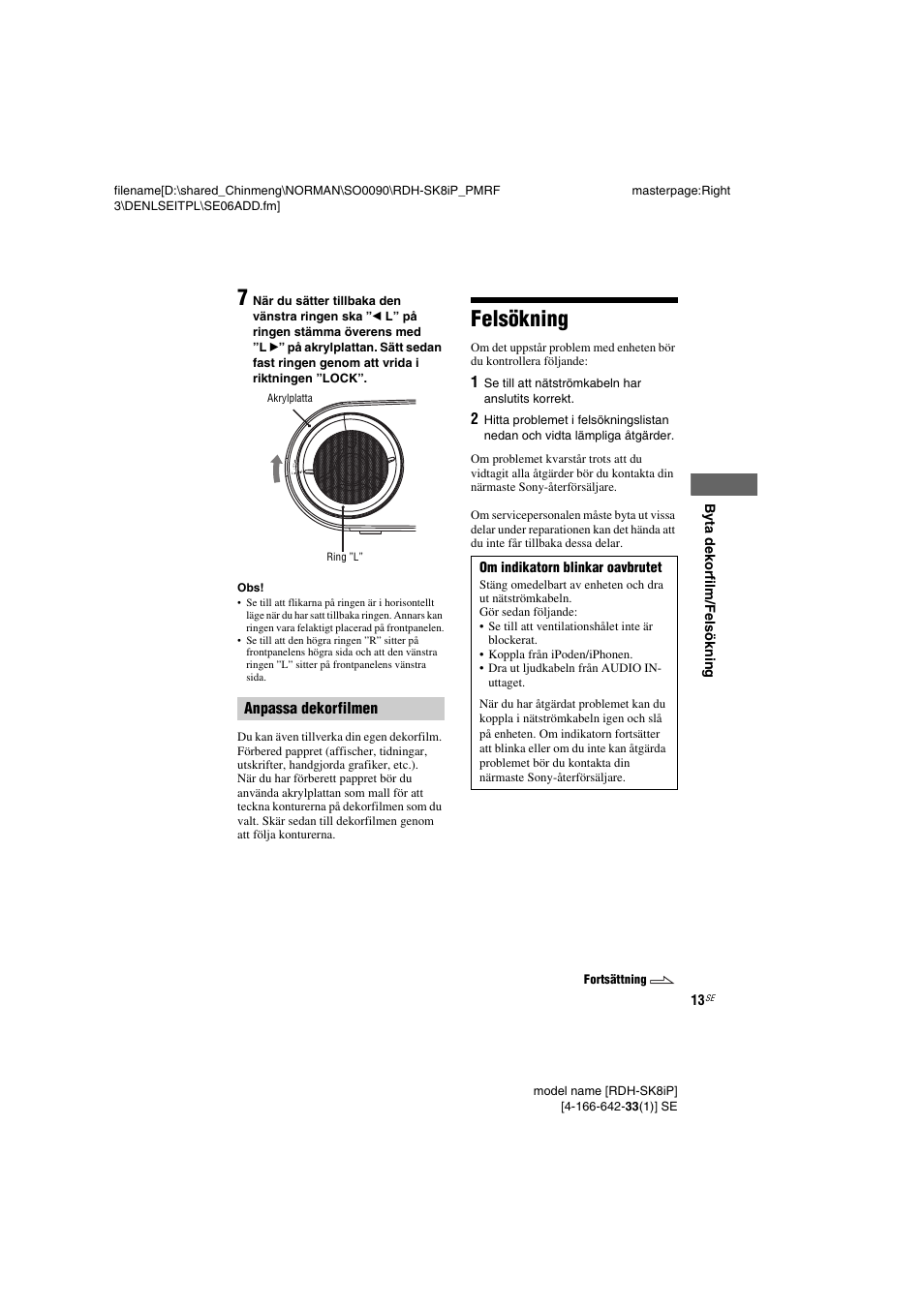 Felsökning, Anpassa dekorfilmen | Sony RDH-SK8iP User Manual | Page 51 / 96
