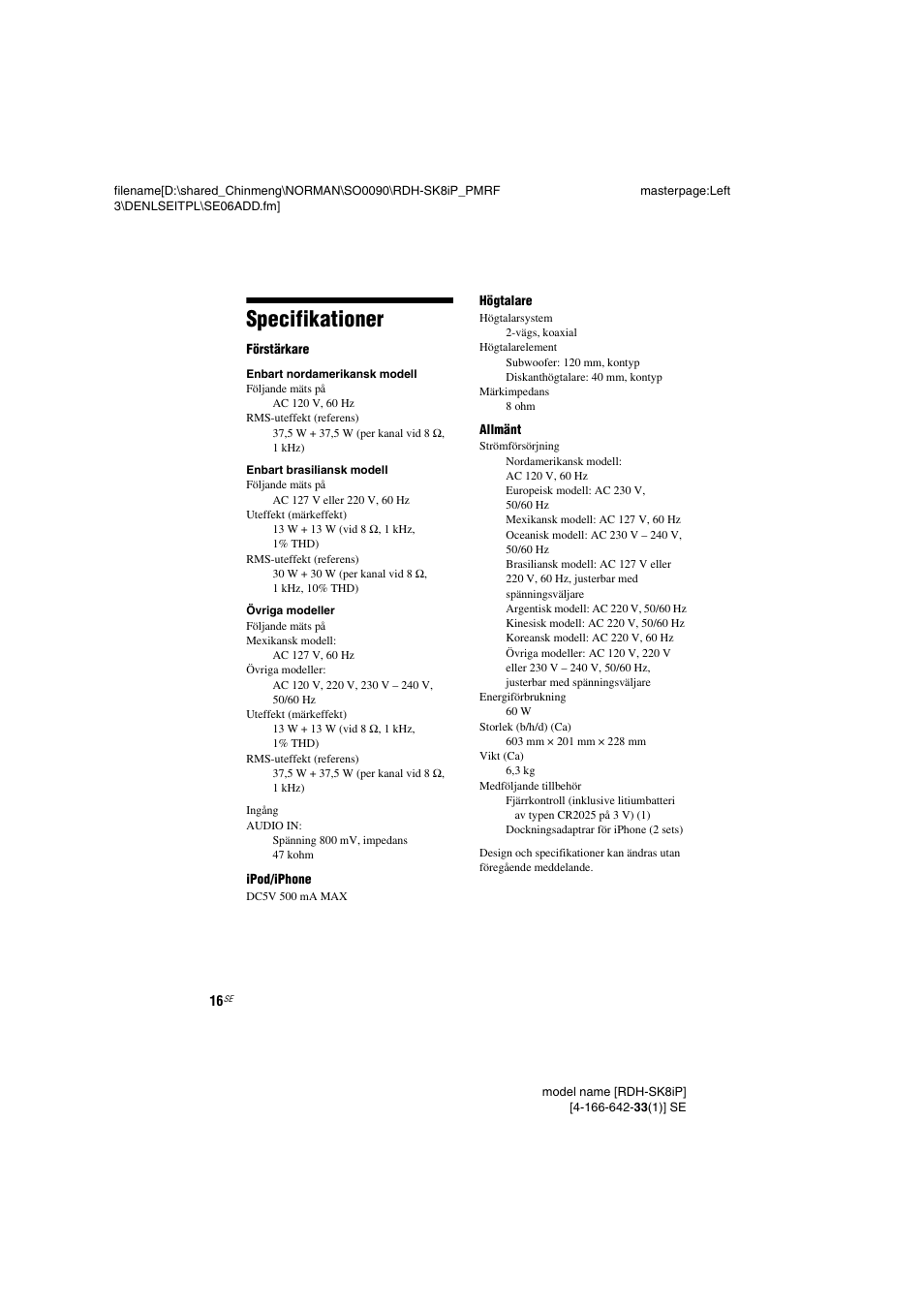 Specifikationer | Sony RDH-SK8iP User Manual | Page 54 / 96