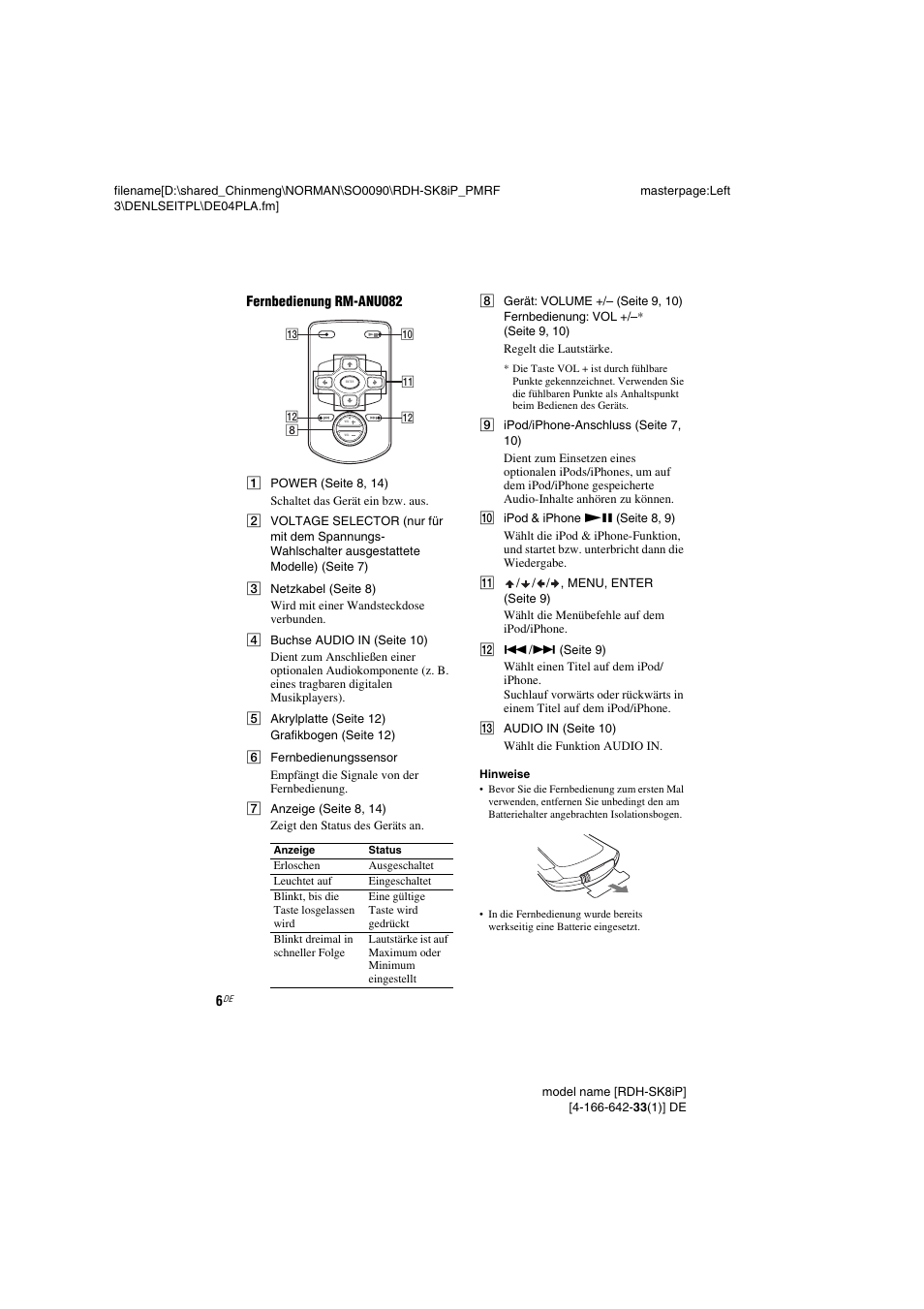 Sony RDH-SK8iP User Manual | Page 6 / 96