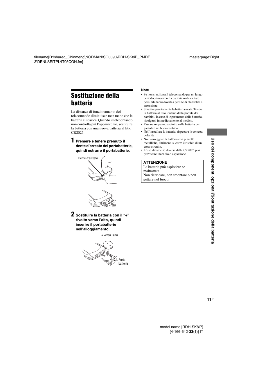 Sostituzione della batteria | Sony RDH-SK8iP User Manual | Page 67 / 96