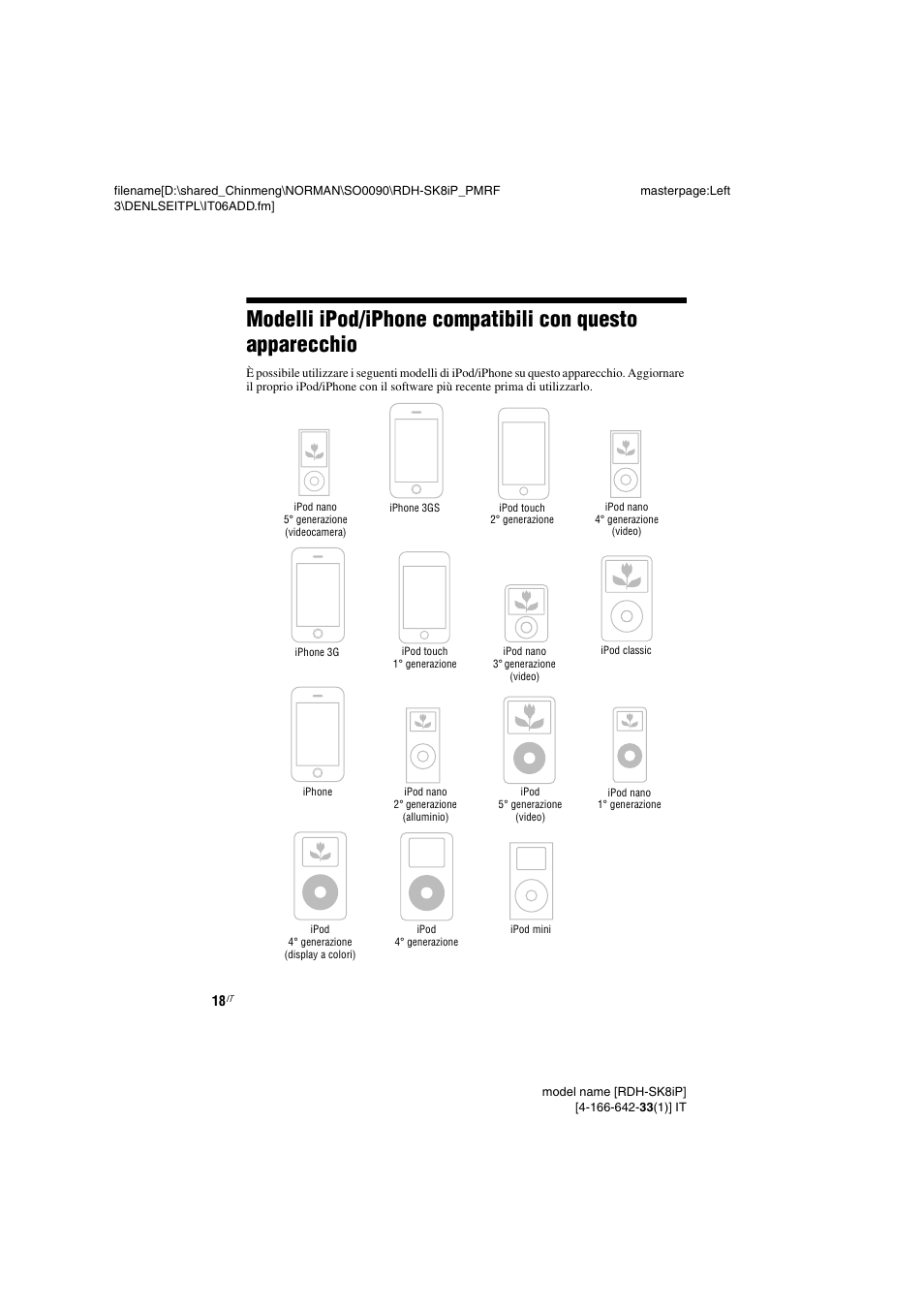 Modelli ipod/iphone, Compatibili con questo apparecchio | Sony RDH-SK8iP User Manual | Page 74 / 96