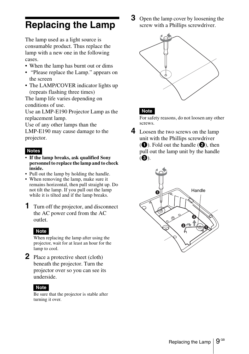 Replacing the lamp | Sony VPL-EW5 User Manual | Page 25 / 107