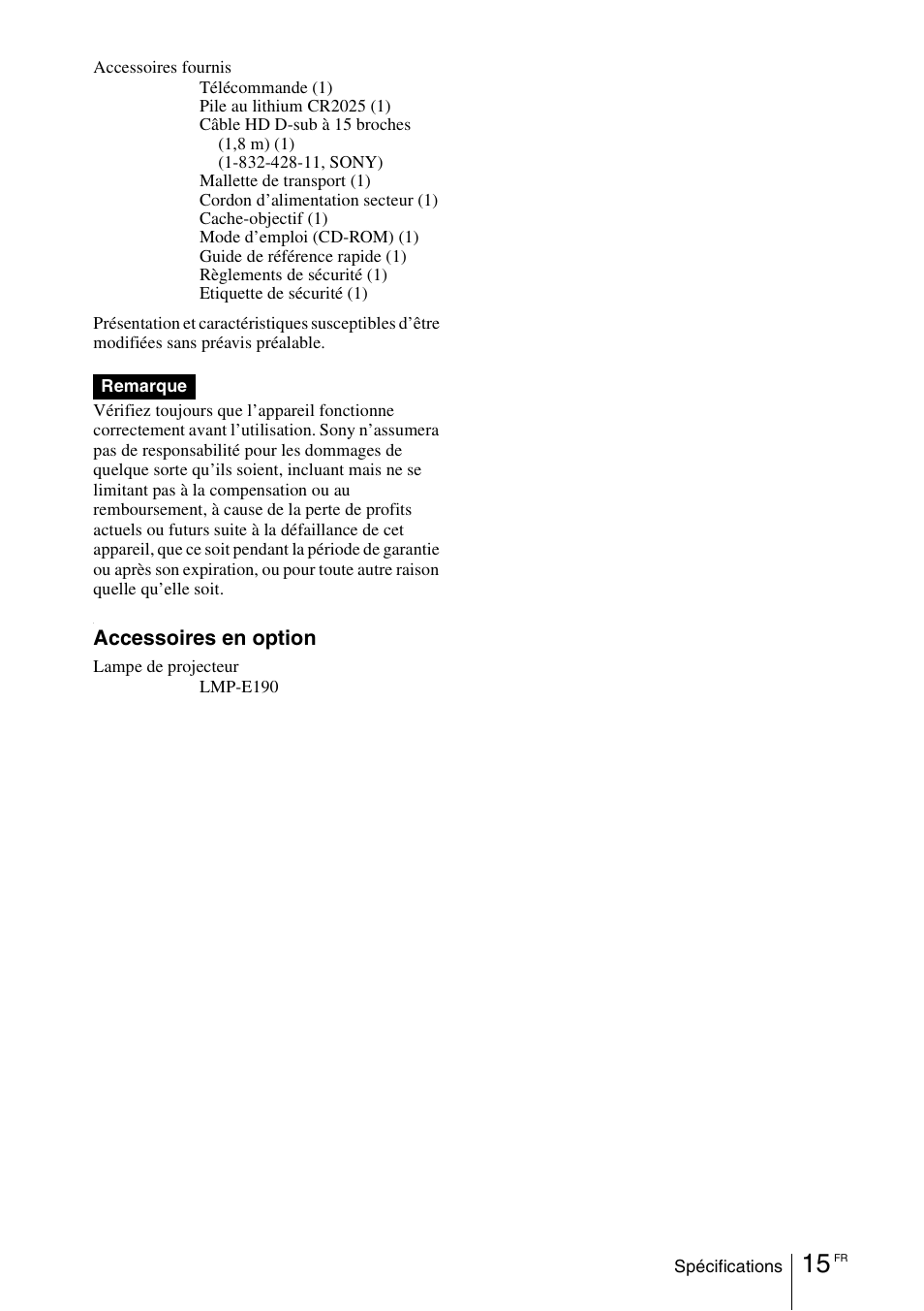 Accessoires en option | Sony VPL-EW5 User Manual | Page 45 / 107