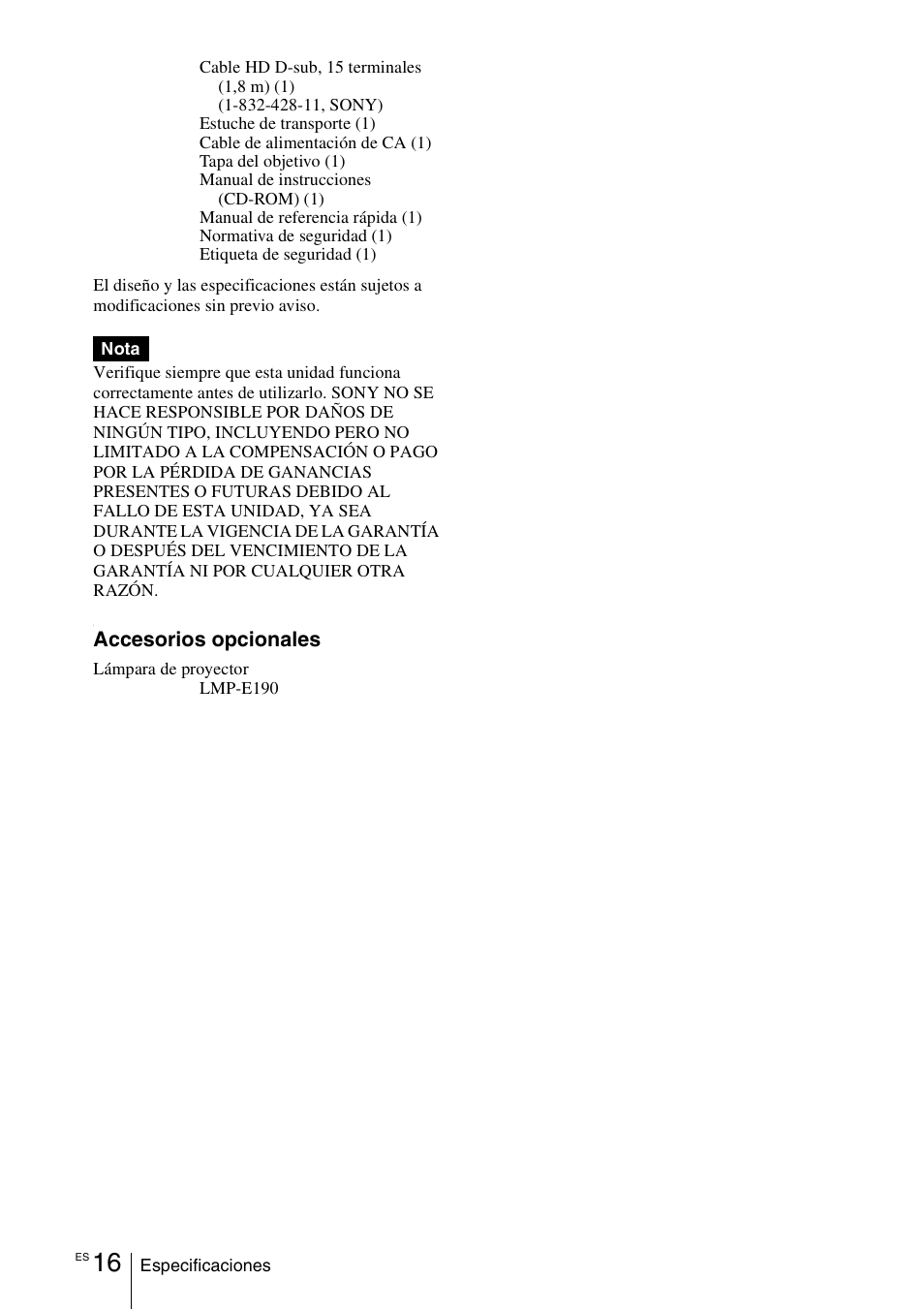 Accesorios opcionales | Sony VPL-EW5 User Manual | Page 60 / 107