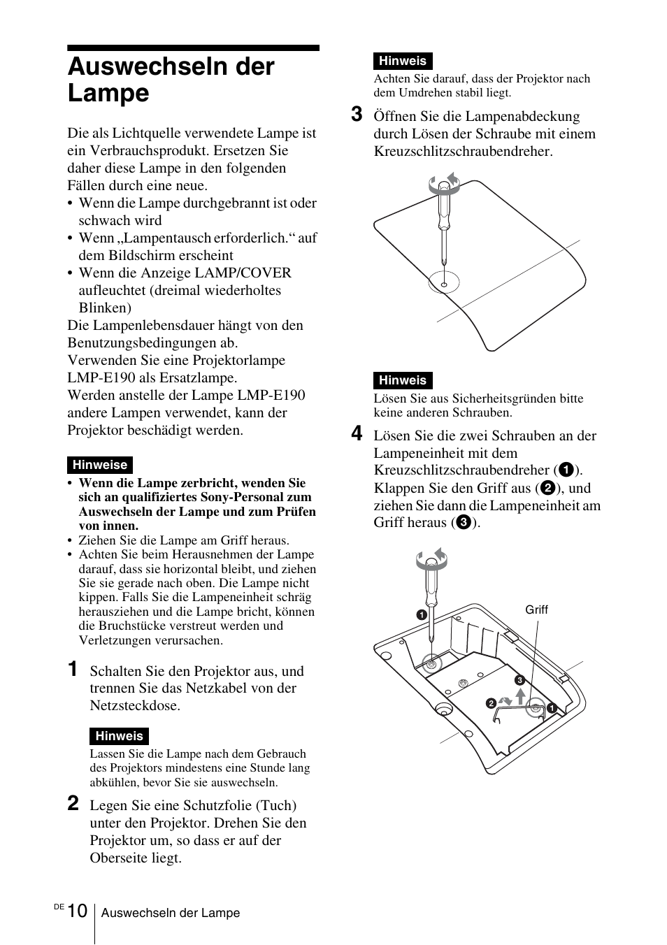 Auswechseln der lampe | Sony VPL-EW5 User Manual | Page 70 / 107