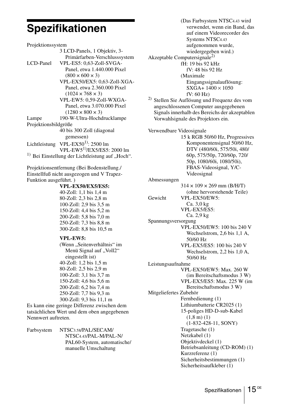 Spezifikationen | Sony VPL-EW5 User Manual | Page 75 / 107