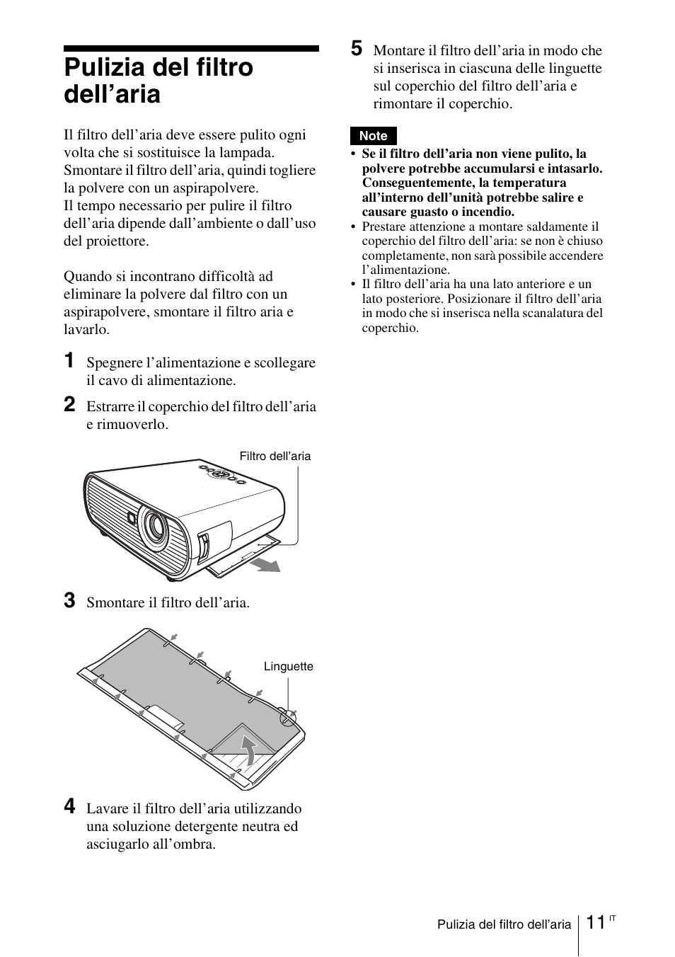 Pulizia del filtro dell’aria | Sony VPL-EW5 User Manual | Page 87 / 107
