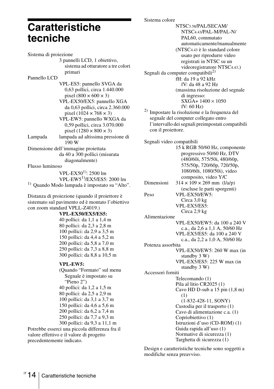 Caratteristiche tecniche | Sony VPL-EW5 User Manual | Page 90 / 107