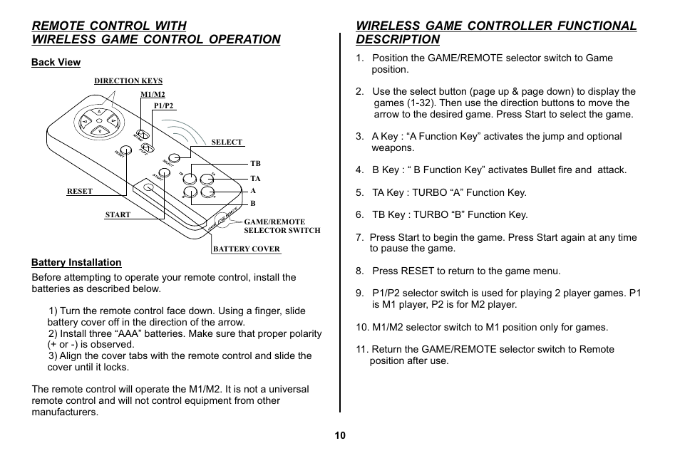 Wireless game controller functional description | Audiovox HR7008APKG User Manual | Page 10 / 28