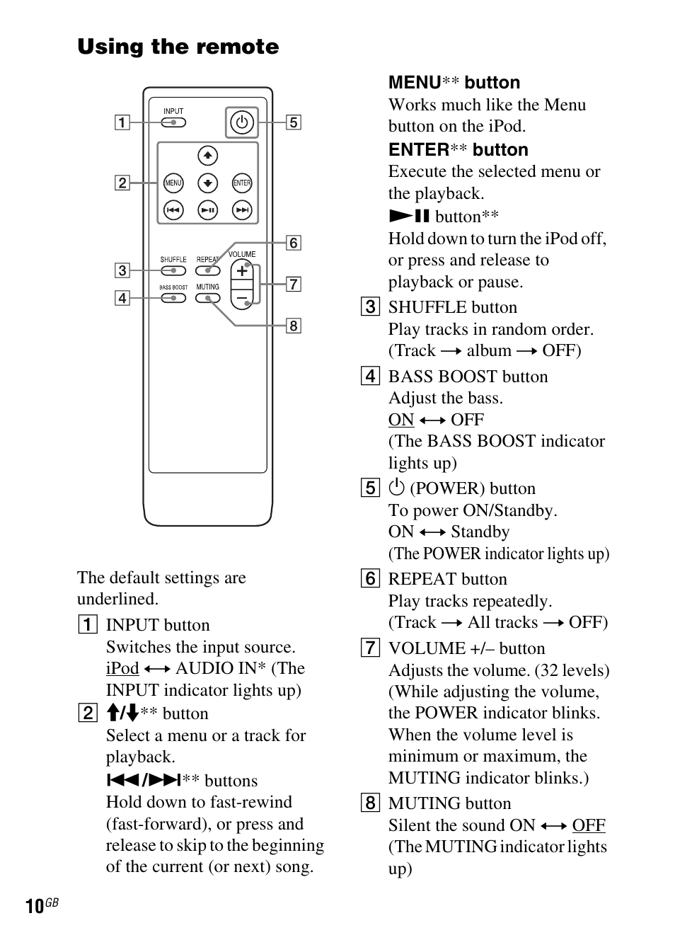 Using the remote | Sony SRS-GU10iP User Manual | Page 10 / 116