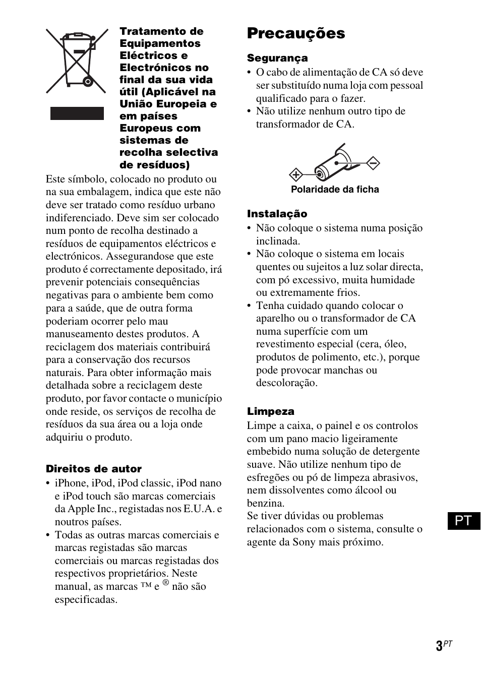 Precauções | Sony SRS-GU10iP User Manual | Page 101 / 116