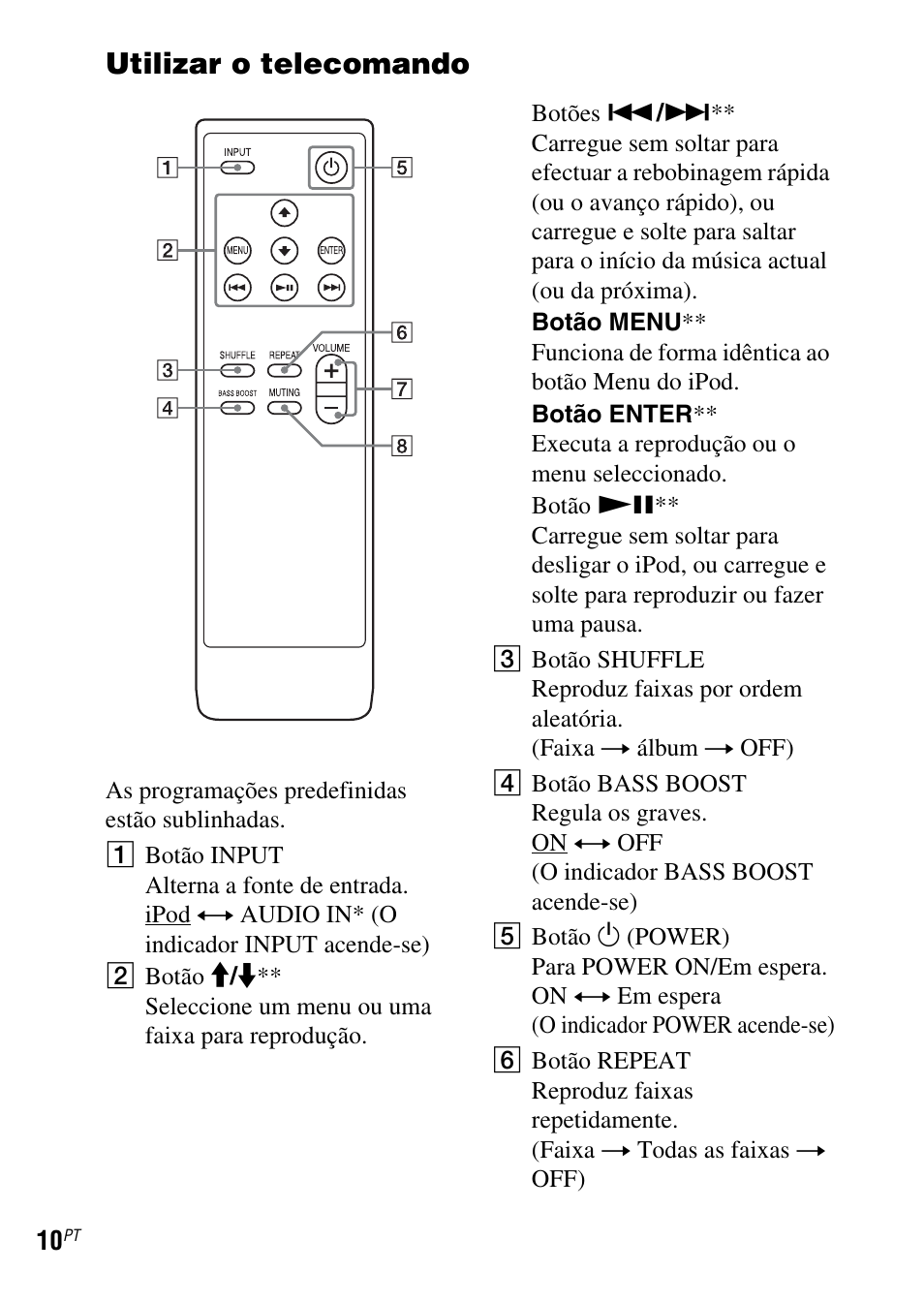 Utilizar o telecomando | Sony SRS-GU10iP User Manual | Page 108 / 116