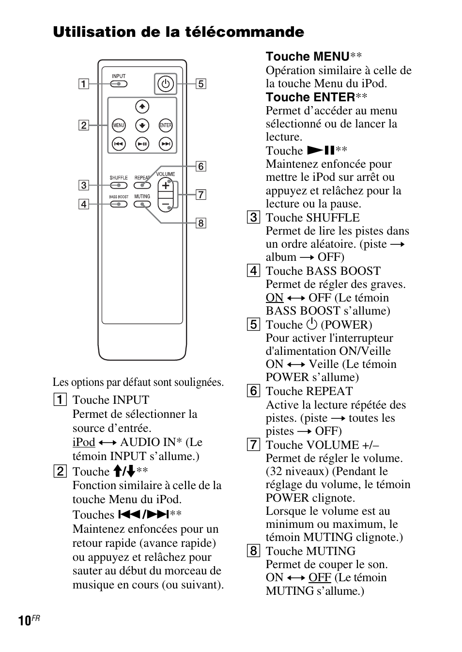 Utilisation de la télécommande | Sony SRS-GU10iP User Manual | Page 24 / 116