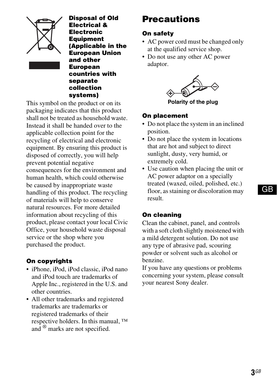 Precautions | Sony SRS-GU10iP User Manual | Page 3 / 116