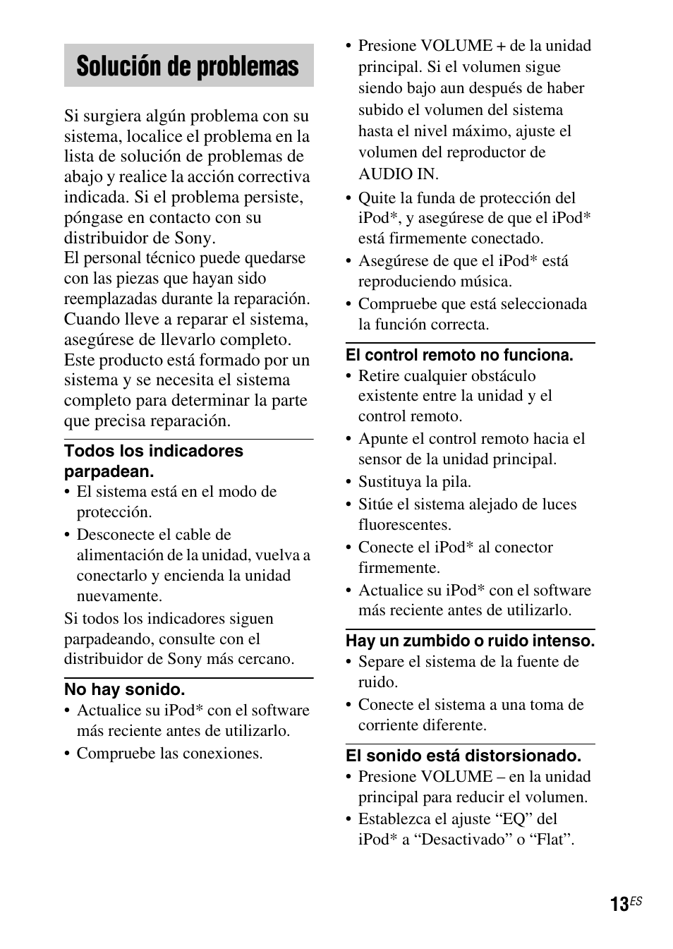 Solución de problemas | Sony SRS-GU10iP User Manual | Page 41 / 116