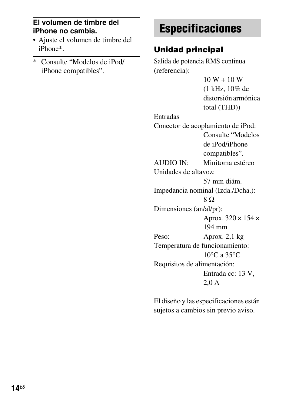 Especificaciones | Sony SRS-GU10iP User Manual | Page 42 / 116