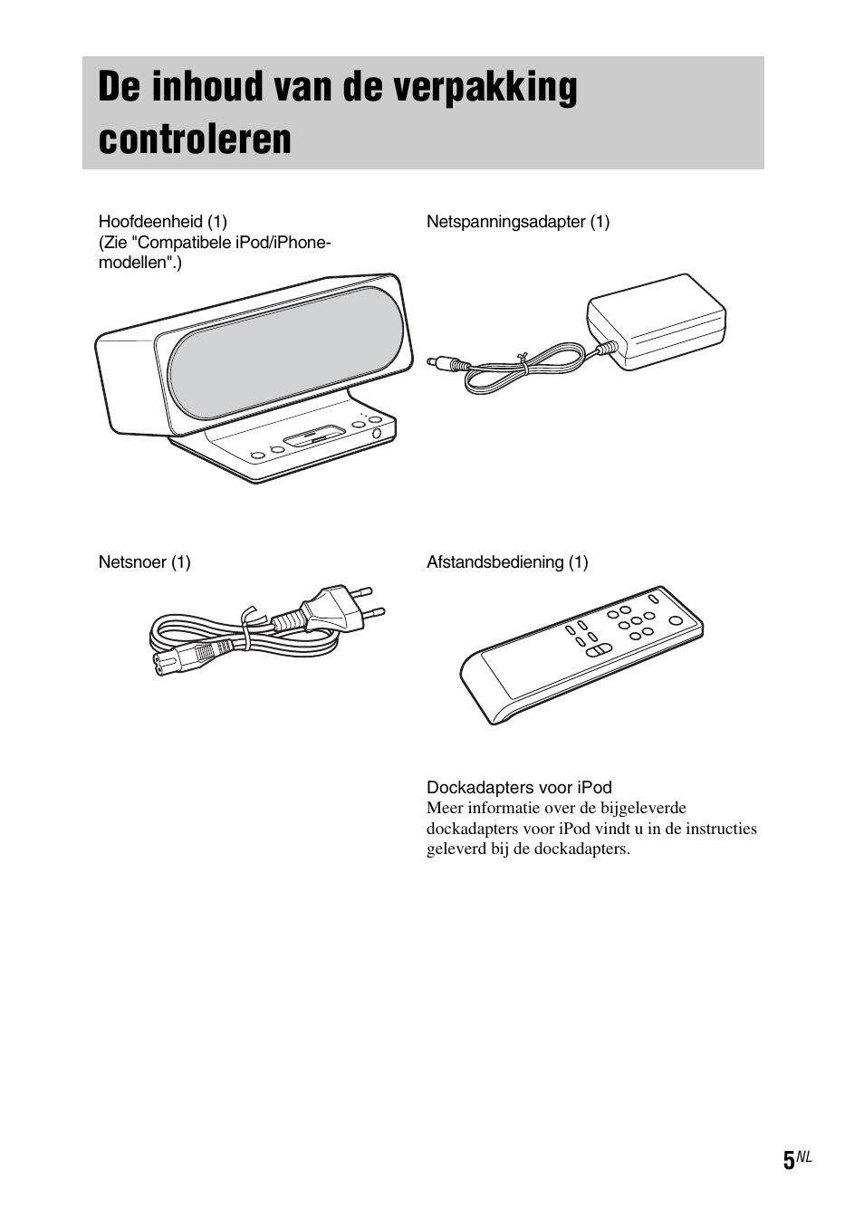 De inhoud van de verpakking controleren | Sony SRS-GU10iP User Manual | Page 61 / 116