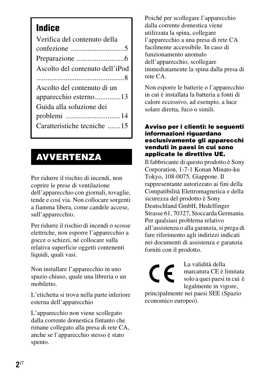 Indice, Avvertenza | Sony SRS-GU10iP User Manual | Page 86 / 116