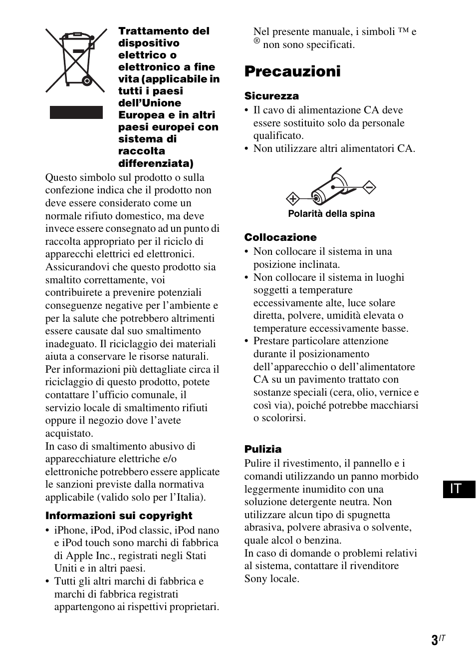 Precauzioni | Sony SRS-GU10iP User Manual | Page 87 / 116