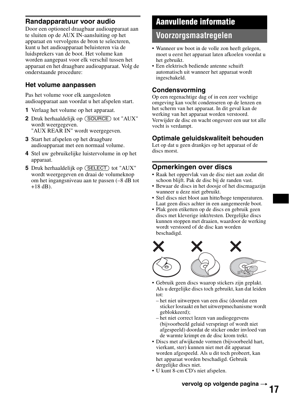 Randapparatuur voor audio, Aanvullende informatie, Voorzorgsmaatregelen | Opmerkingen over discs, Aanvullende informatie voorzorgsmaatregelen | Sony CDX-H905iP User Manual | Page 107 / 136