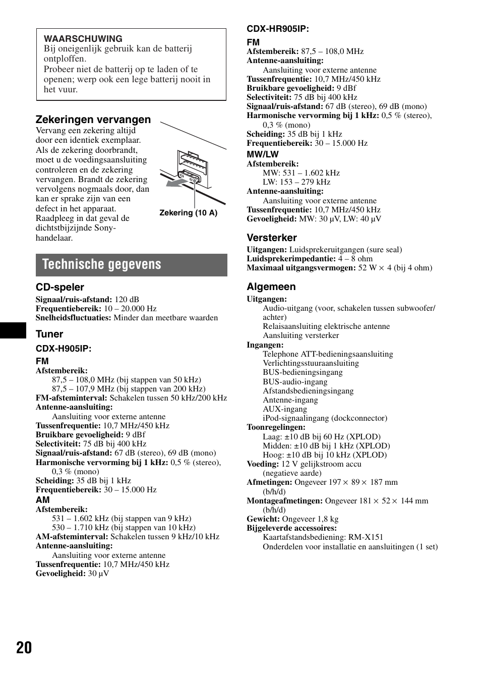 Technische gegevens, Zekeringen vervangen | Sony CDX-H905iP User Manual | Page 110 / 136