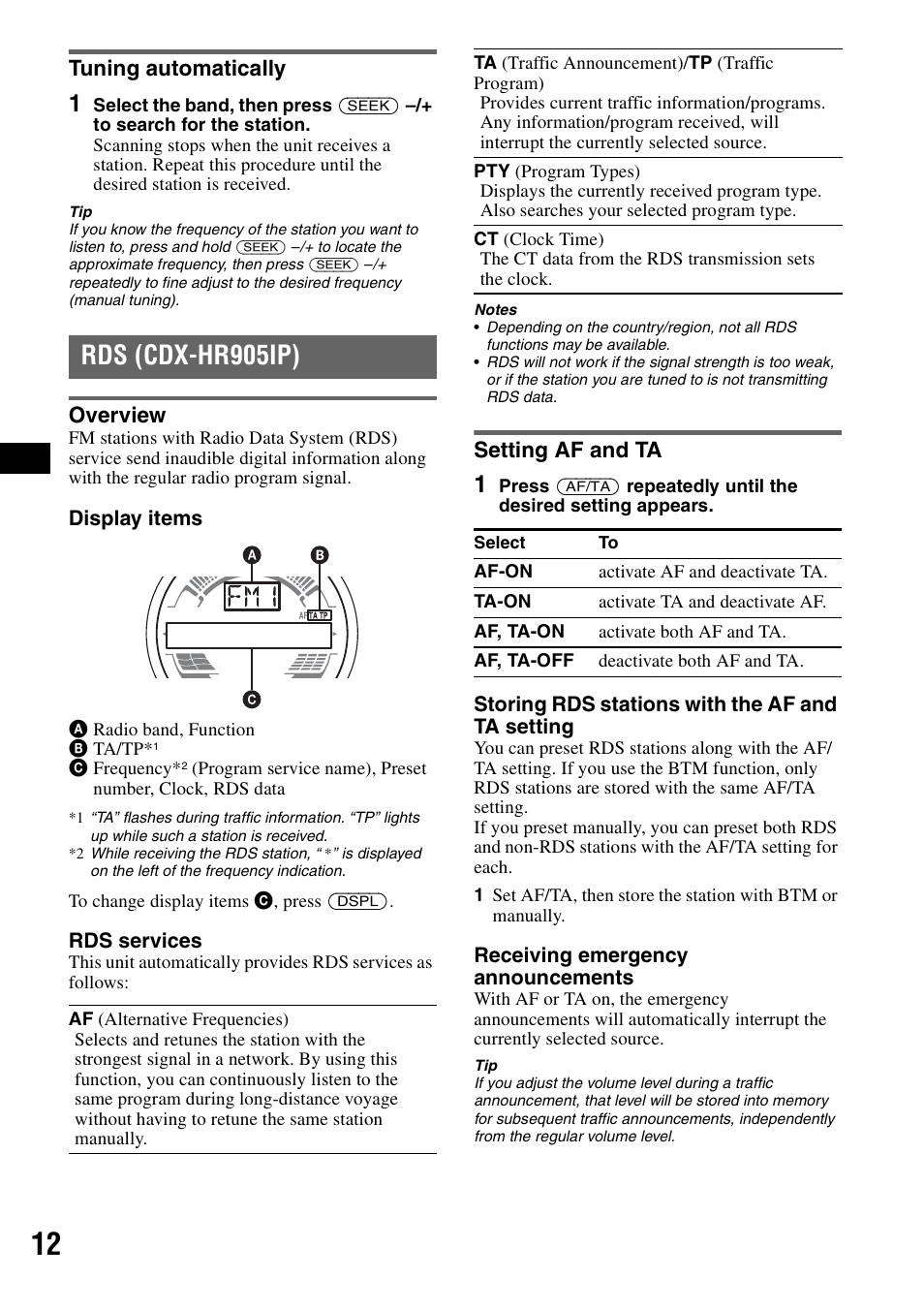 Tuning automatically, Rds (cdx-hr905ip), Overview | Setting af and ta, Overview setting af and ta | Sony CDX-H905iP User Manual | Page 12 / 136