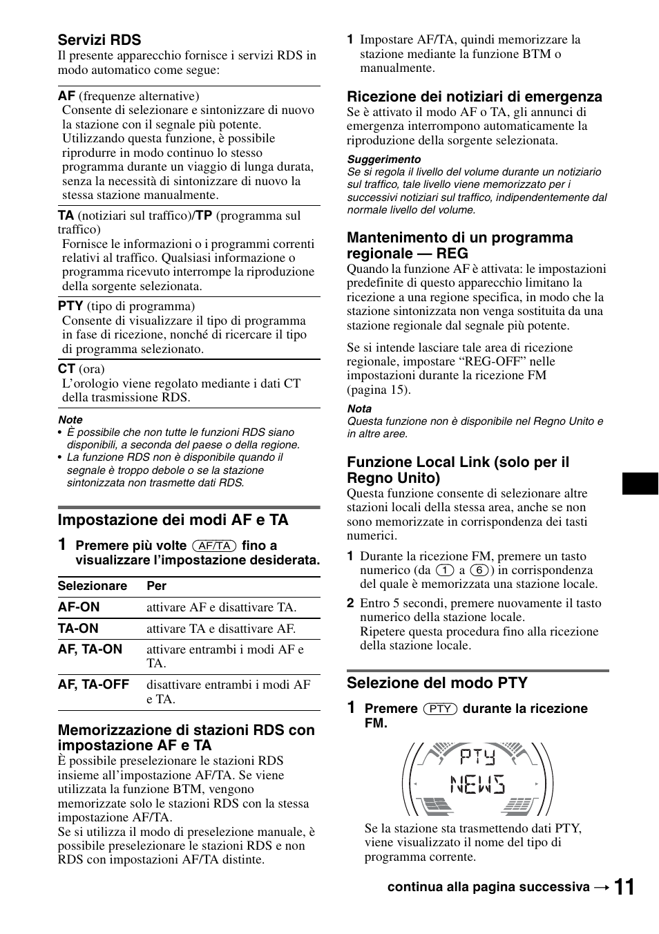 Impostazione dei modi af e ta, Selezione del modo pty | Sony CDX-H905iP User Manual | Page 123 / 136