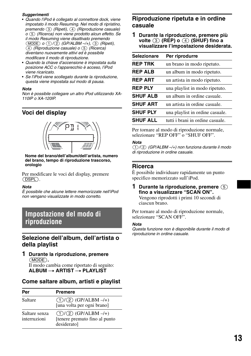 Voci del display, Impostazione del modo di riproduzione, Riproduzione ripetuta e in ordine casuale | Ricerca, Casuale ricerca | Sony CDX-H905iP User Manual | Page 125 / 136
