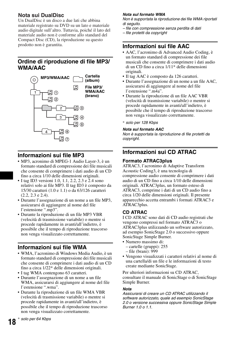 Ordine di riproduzione di file mp3/ wma/aac, Informazioni sui file mp3, Informazioni sui file wma | Informazioni sui file aac, Informazioni sui cd atrac | Sony CDX-H905iP User Manual | Page 130 / 136
