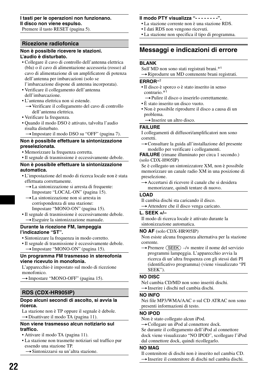 Messaggi e indicazioni di errore | Sony CDX-H905iP User Manual | Page 134 / 136