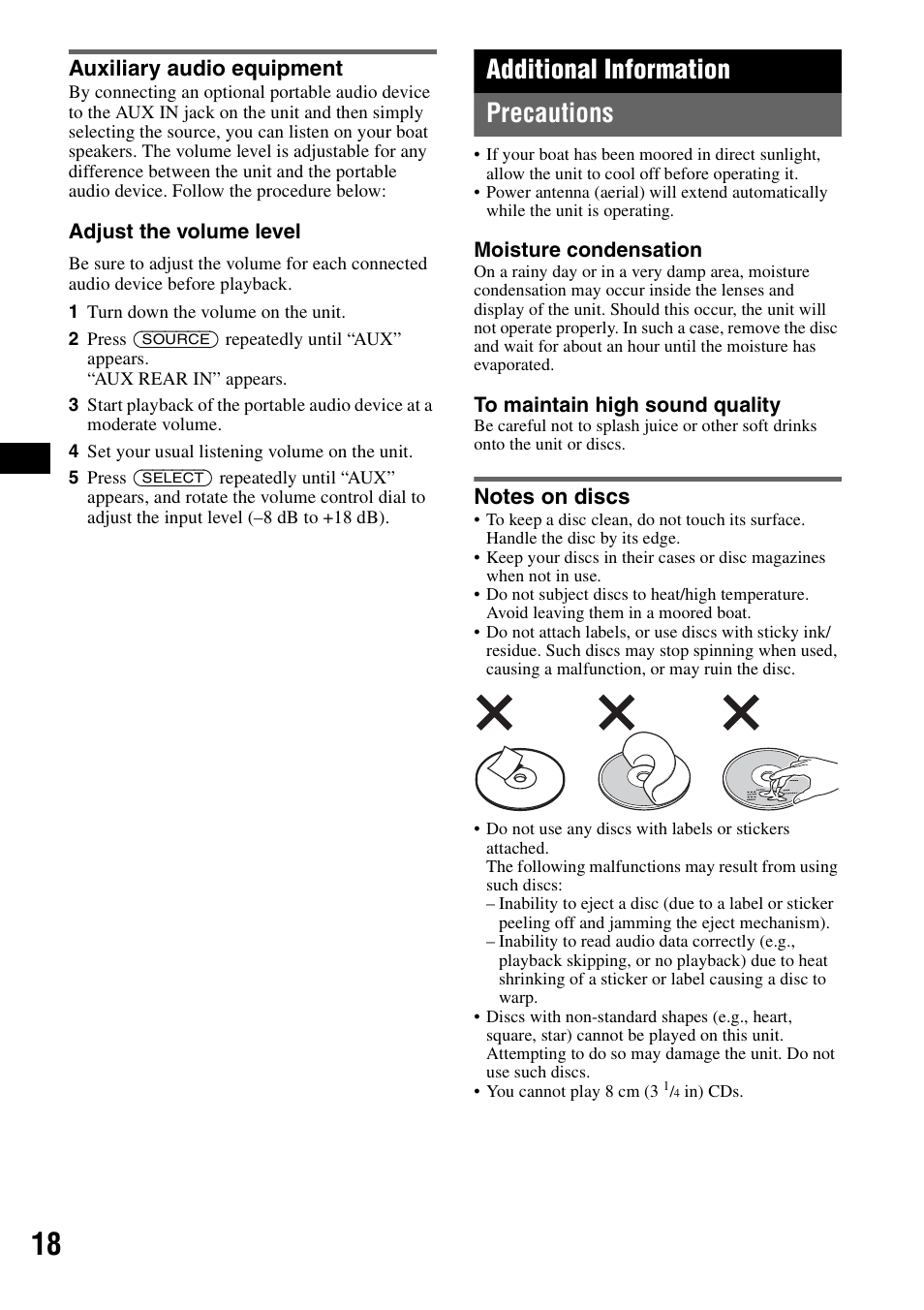 Auxiliary audio equipment, Additional information, Precautions | Notes on discs, Additional information precautions | Sony CDX-H905iP User Manual | Page 18 / 136