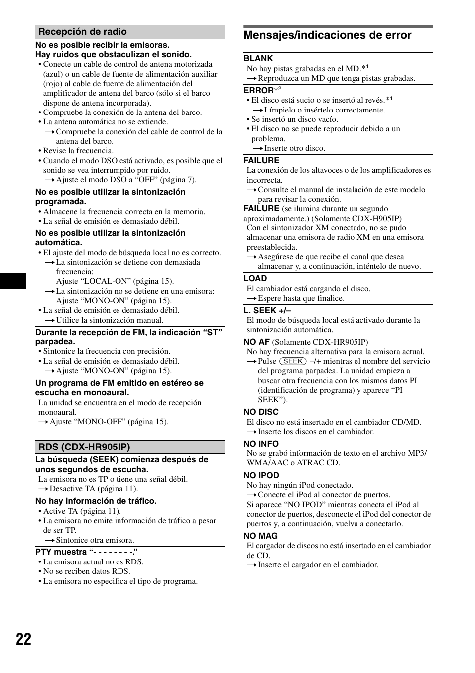 Mensajes/indicaciones de error | Sony CDX-H905iP User Manual | Page 68 / 136