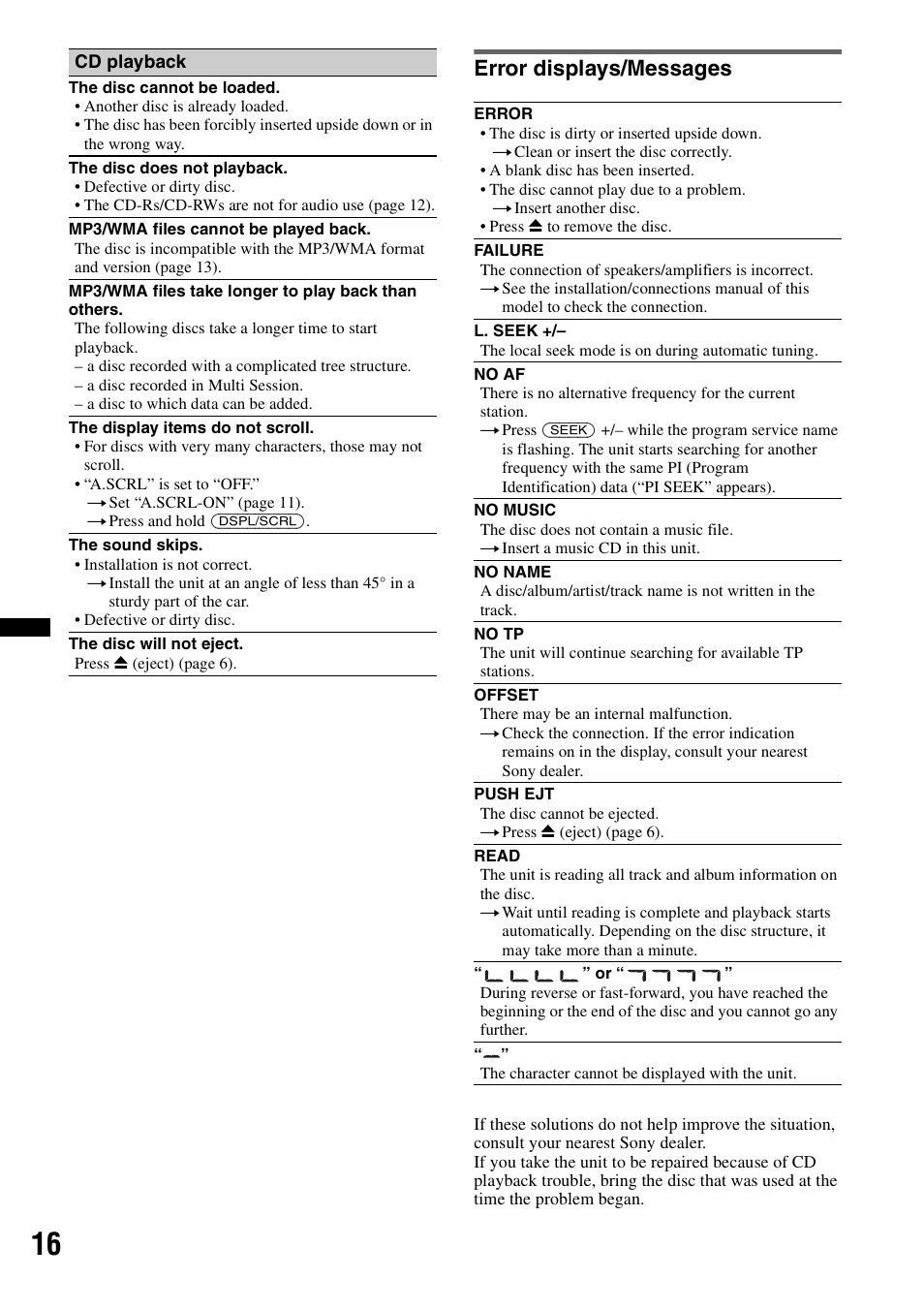 Error displays/messages | Sony CDX-GT240 User Manual | Page 16 / 84