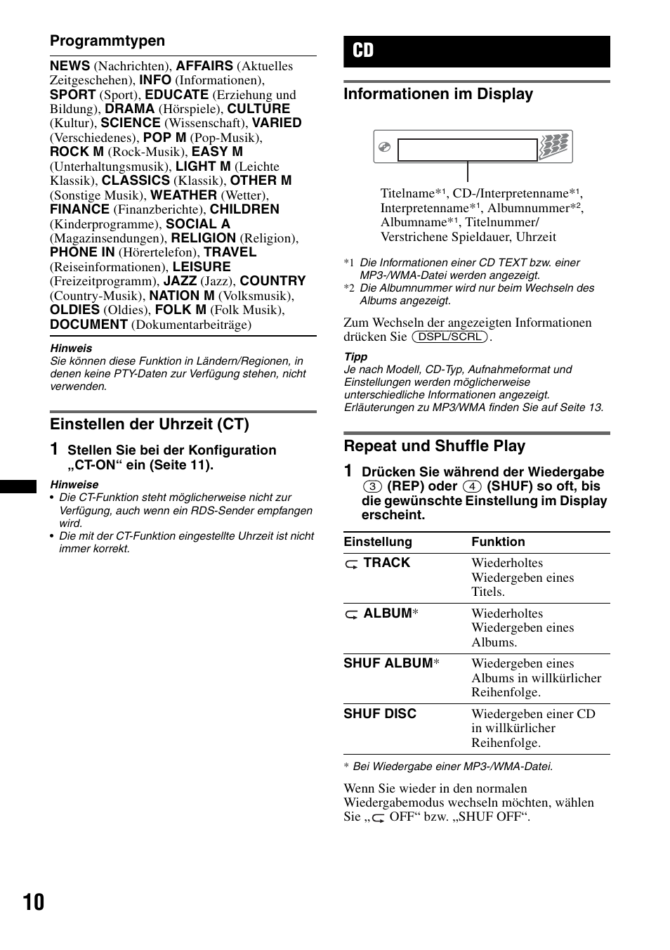 Einstellen der uhrzeit (ct), Informationen im display, Repeat und shuffle play | Informationen im display repeat und shuffle play | Sony CDX-GT240 User Manual | Page 26 / 84