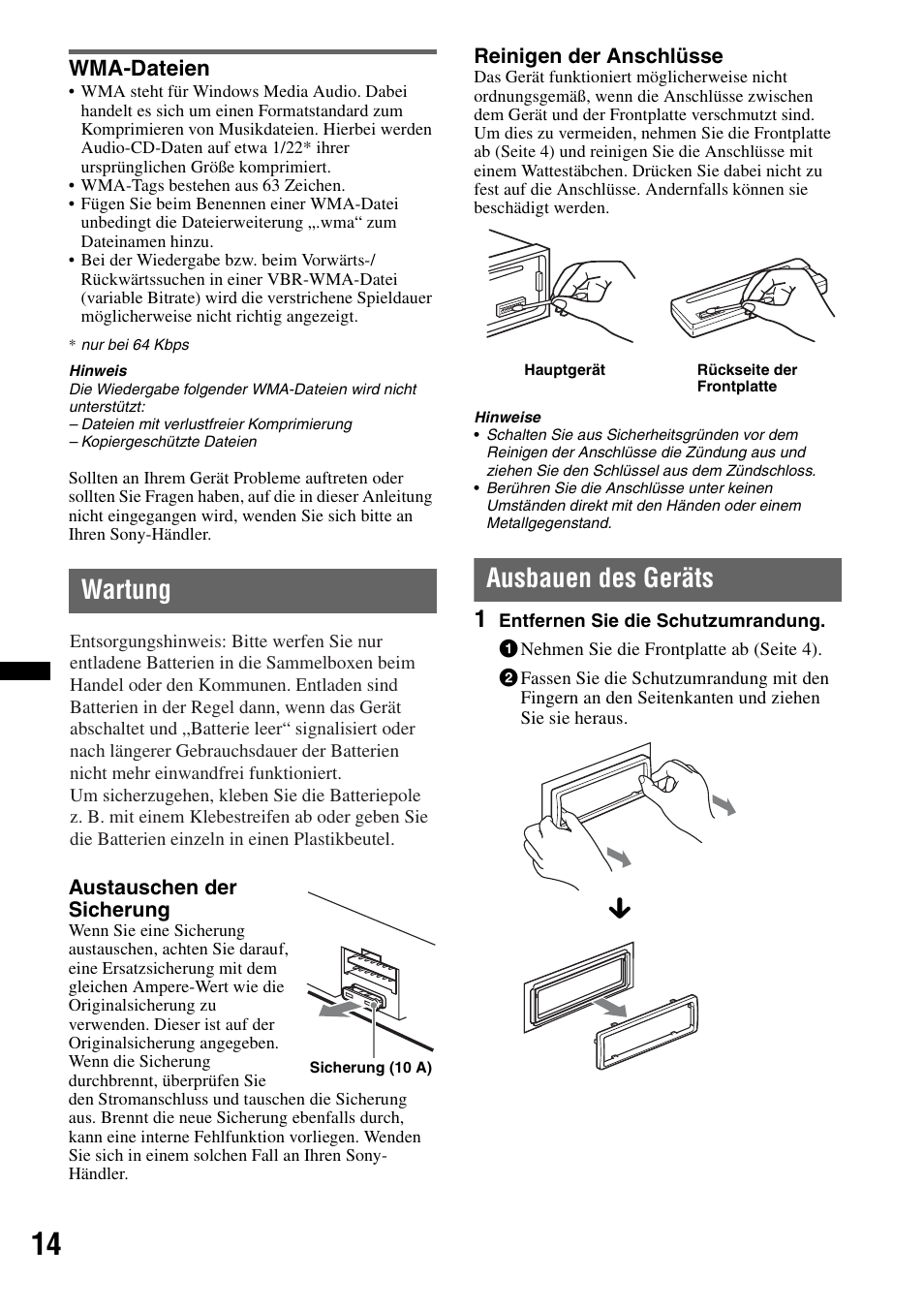 Wma-dateien, Wartung, Ausbauen des geräts | Wartung ausbauen des geräts | Sony CDX-GT240 User Manual | Page 30 / 84